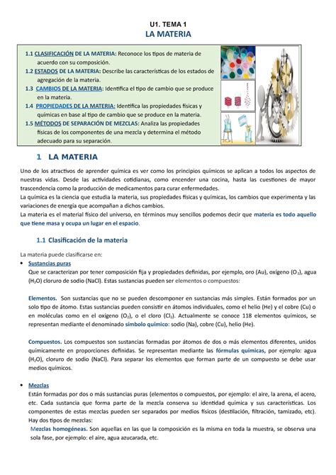 Materia U1 TEMA 1 LA MATERIA 1 CLASIFICACIÓN DE LA MATERIA Reconoce