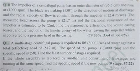 Solved Q The Impeller Of A Centrifugal Pump Has An Outer Chegg