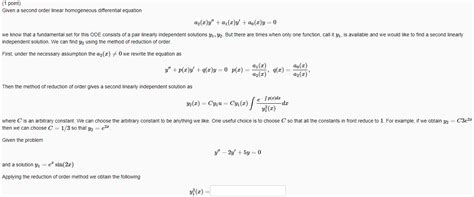 Solved 1 Point Given A Second Order Linear Homogeneous