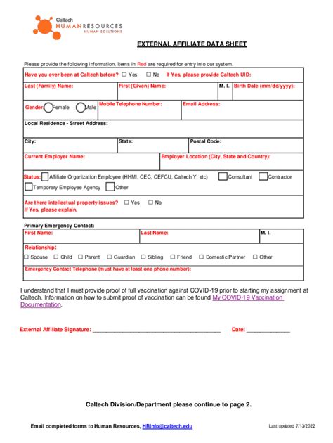 Fillable Online Hr Caltech External Affiliate Data Sheet I Understand