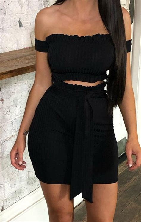 Black Ribbed Bardot Frill Crop Top And Skirt Co Ord Co Ords Sets