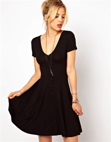 Asos Skater Dress With Buttons And Short Sleeves In Black Lyst