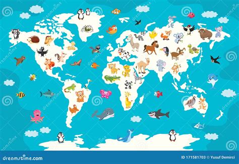 World Map with Cartoon Animals Stock Vector - Illustration of ecosystem ...