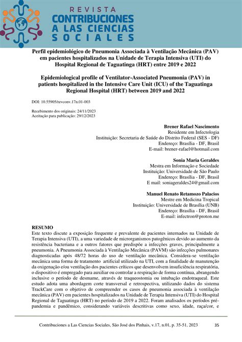 PDF Perfil epidemiológico de Pneumonia Associada à Ventilação