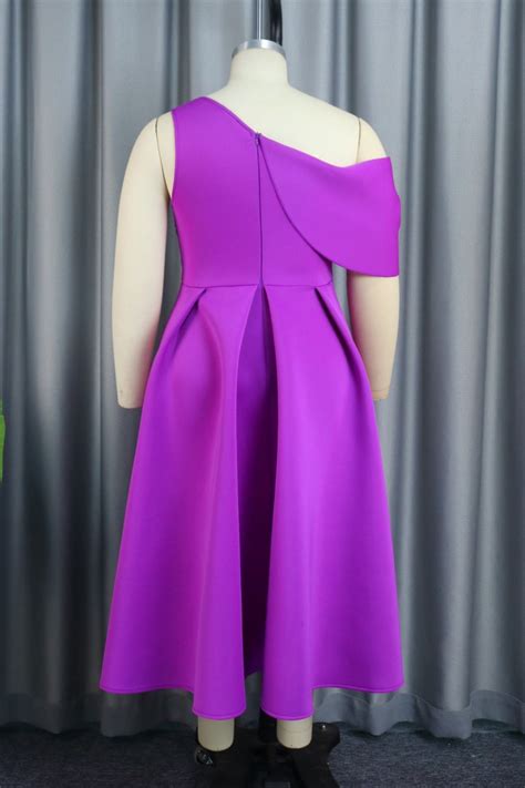 Wholesale Purple Sexy Formal Solid Patchwork Oblique Collar Evening Dress Plus Size Dresses