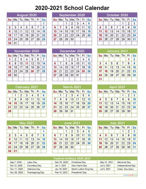 School Calendar 2020 And 2021 Printable Portrait Template No