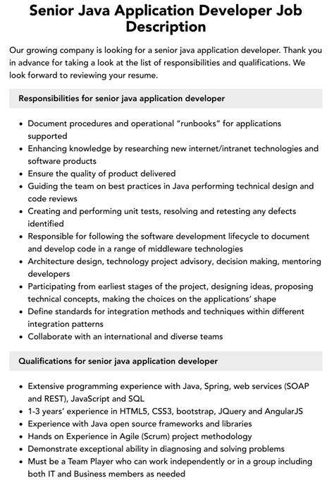 Senior Java Application Developer Job Description Velvet Jobs