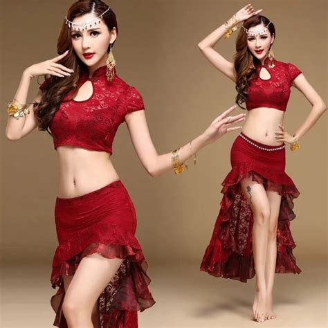 Womens Belly Dance Clothes Lace Top Skirt 2pcs Set Sex Belly Dance