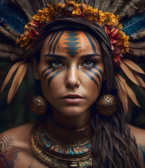 Premium Photo A Woman With Feathers On Her Face And A Headdress Is