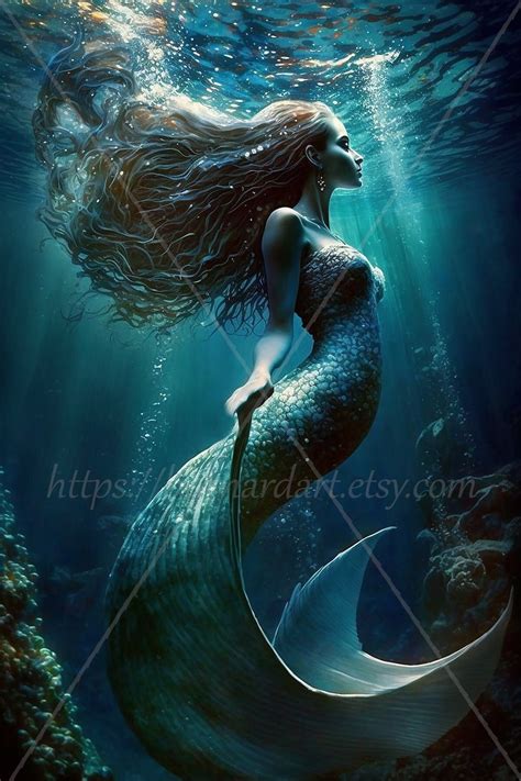 Digital Download Beautiful Mermaid With Tail In Sea Long Hair