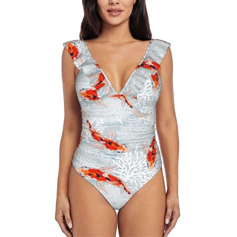 JUNZAN Ruffle One Piece Swimsuits for Women V Neck Koi Fish Corals