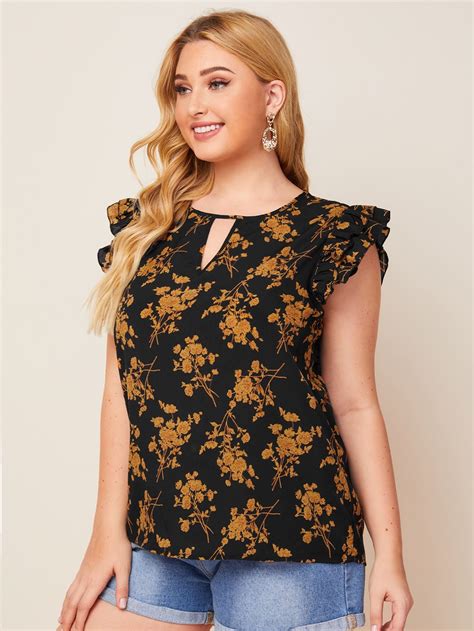 Shein Plus Keyhole Back Ruffle Armhole Floral Top Floral Tops Zulily