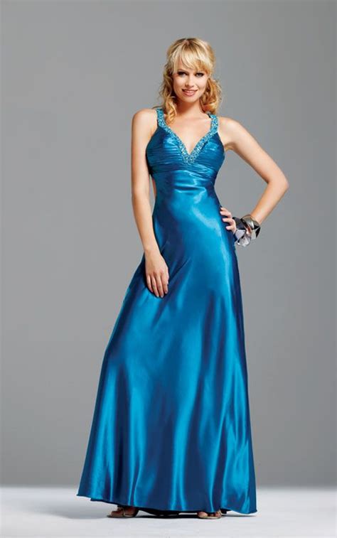 Royal Blue A Line V Neck Full Length Satin Evening Dress With Beading