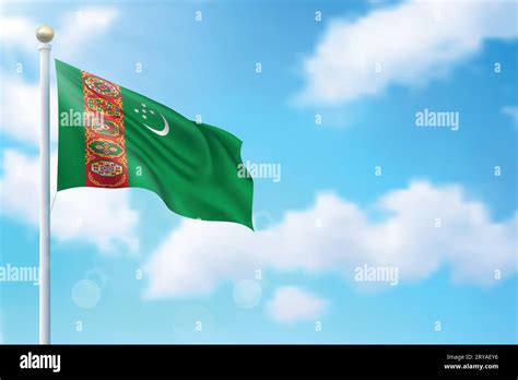 Waving Flag Of Turkmenistan On Sky Background Template For