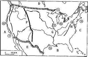 读美国图 回答问题 1 写出图中字母代表的地理事物名称河流G密西西比河 湖泊①苏必利尔湖 山脉F落基山脉 2 写出图中数码代表的城市