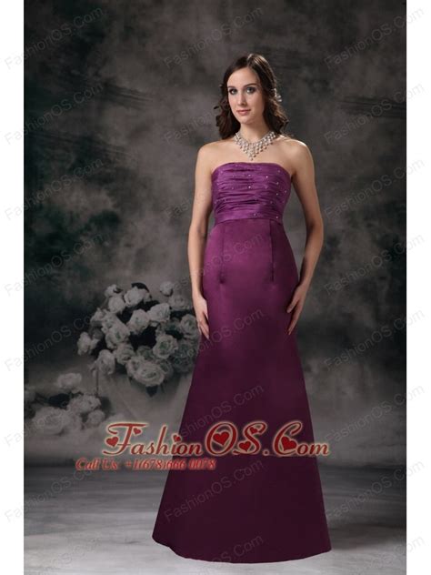 Purple Column Elegant Bridesmaid Dress Strapless Taffeta Beading Floor