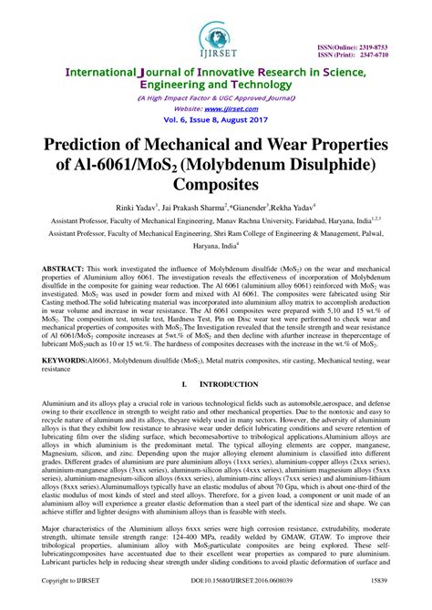 (PDF) Prediction of Mechanical and Wear Properties of Al-6061/MoS 2 (Molybdenum Disulphide ...