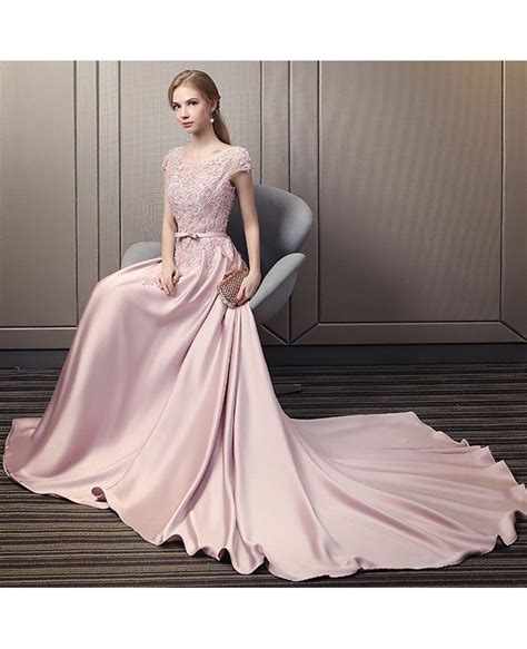 Luxury Long Pink Satin Evening Prom Dress With Lace Cap Sleeves