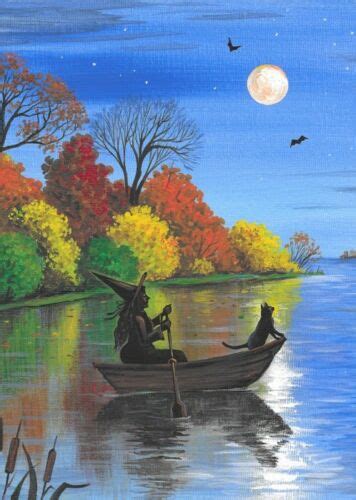 Aceo Print Of Painting Ryta Halloween Witch Black Cat Landscape Autumn