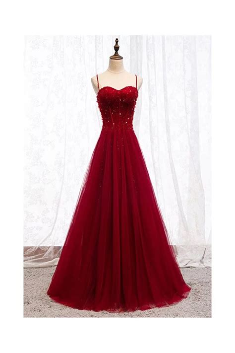 Aline Long Tulle Burgundy Evening Dress With Spaghetti Straps 136 98