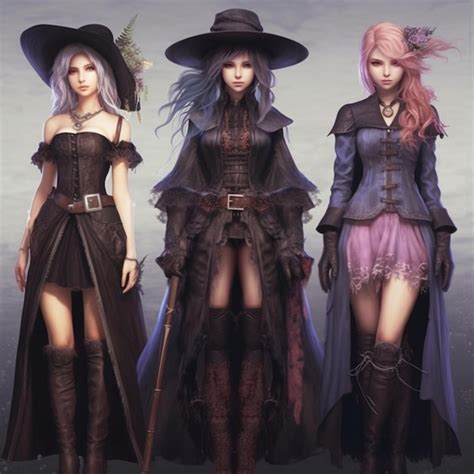 Premium Photo Three Women In Witch Costumes Standing Next To Each