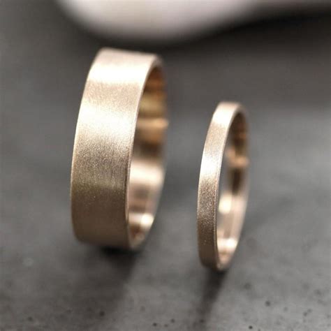 Gold Wedding Band Set His And Hers 6mm And 2mm Brushed Flat 10k Recycled Yellow Gold Wedding