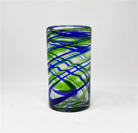 Hand Blown Water Glass Blue Green Swirl Blue Dorado Design