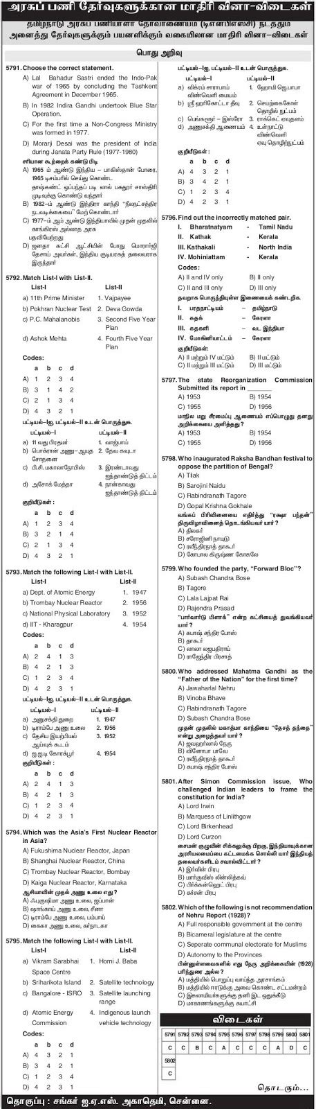 TNPSC General Knowledge Model Questions Dinamani Dated 17 01 2020