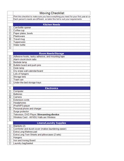 Printable House Moving Checklist Template