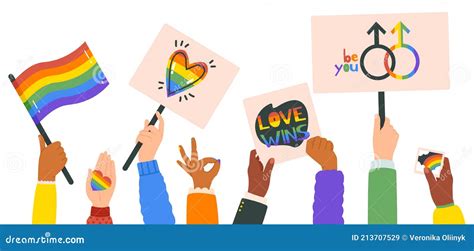 Hands Holding Lgbt Posters People Crowd With Rainbow Flag Gender