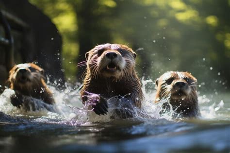 Premium AI Image | Group playful otters swimming in the river