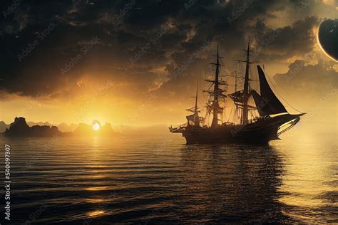 Pirate Ship Sunset Hd