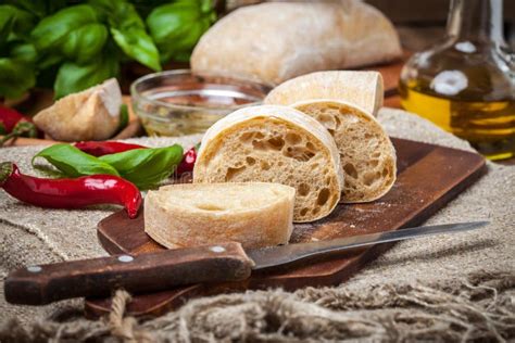 Sliced Ciabatta Bread On Cutting Board Stock Image Image Of Snack