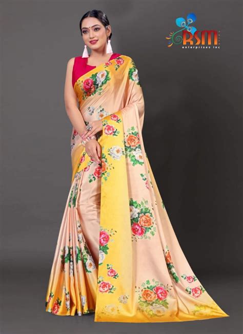 Satin Floral Print Party Wear Saree Rsm Silks Online