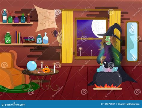 Witch Cooking Castle And Full Moon Vector Illustration For Happy