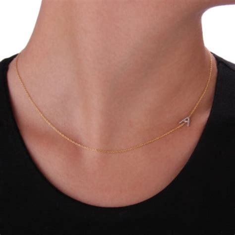 Diamond Sideways Initial Necklace 14k Solid Gold Pave Etsy