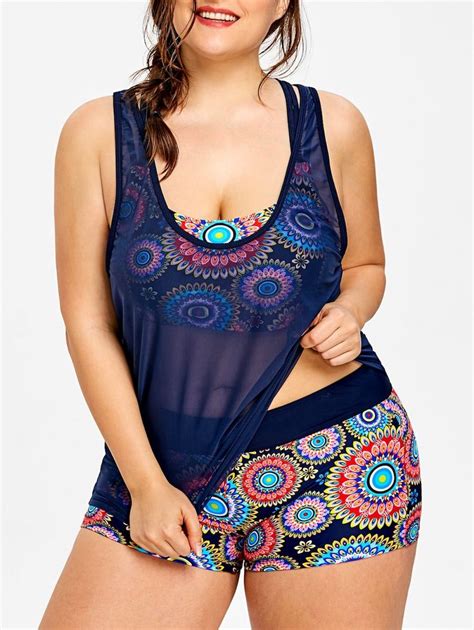 Three Piece Mesh Plus Size Tankini Set Plus Size Bikini Bottoms