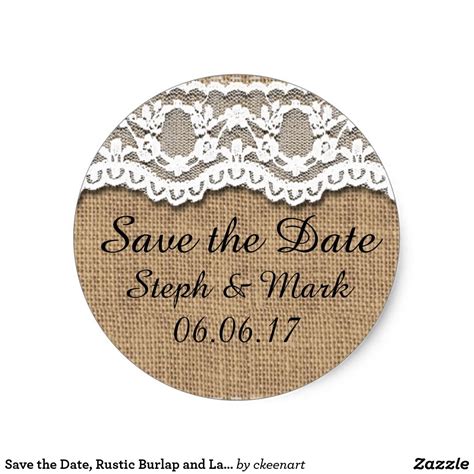 Save The Date Rustic Burlap And Lace Classic Round Sticker