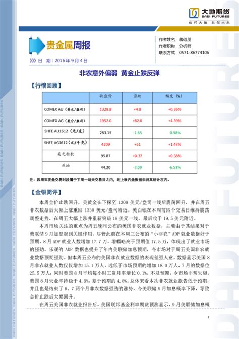 贵金属周报：非农意外偏弱 黄金止跌反弹