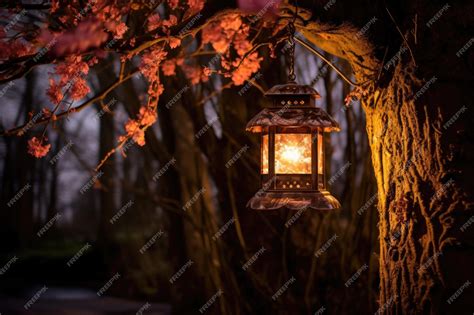 Premium AI Image | Lantern hanging from a tree illuminating the parks pathway