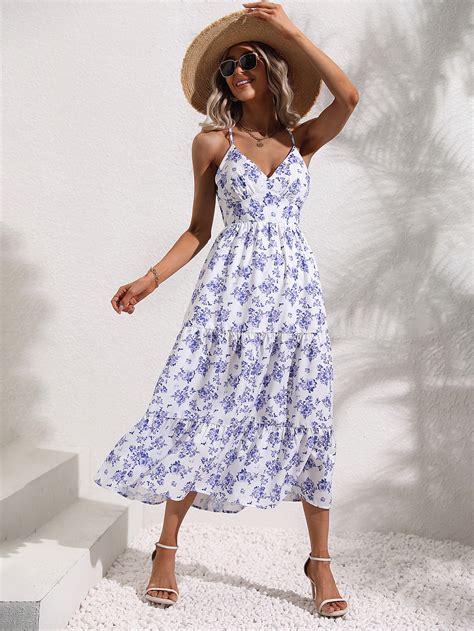 Shein Vcay Vestido De Tirantes Con Estampado Floral Bajo Con Fruncido