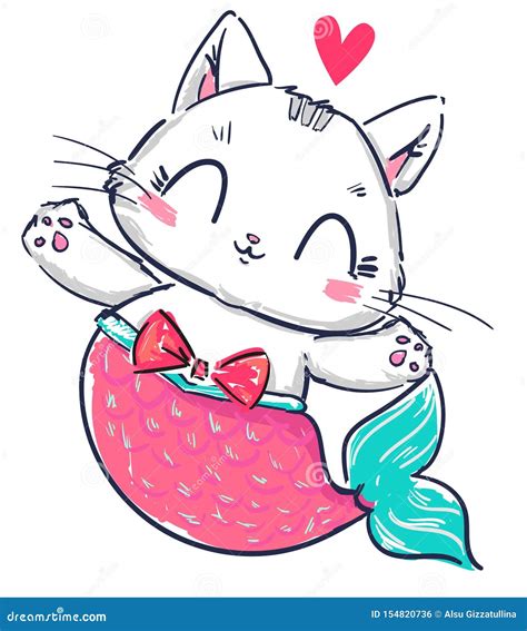 Hand Drawn Kitten Mermaid Cute Cat Print Design For Baby T Shirt