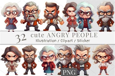 32 Digital cute angry People Set, grandma. grandpa, PNG