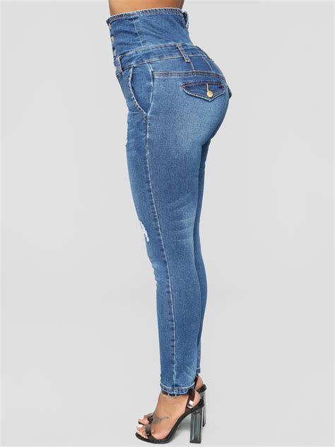 Brilliant Ripped High Waist Button Fly Blue Skinny Jeans