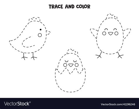 Trace And Color Cute Easter Chickens Worksheet Vector Image