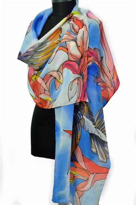 Hand Painted Silk Scarf Birds In Blue Painting Luxury Silk Etsy Hand Painted Silk Hand