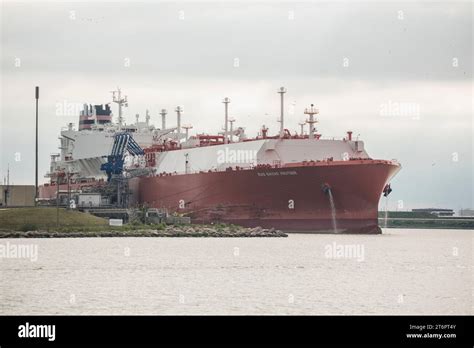 A Large Tanker Ship At Dock With Anchors Up At Surfside Texas Usa