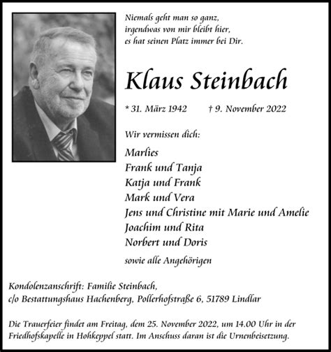 Traueranzeigen Von Klaus Steinbach WirTrauern