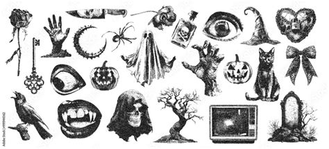 Vecteur Stock Creepy Halloween Collage Elements With Vintage Stippling