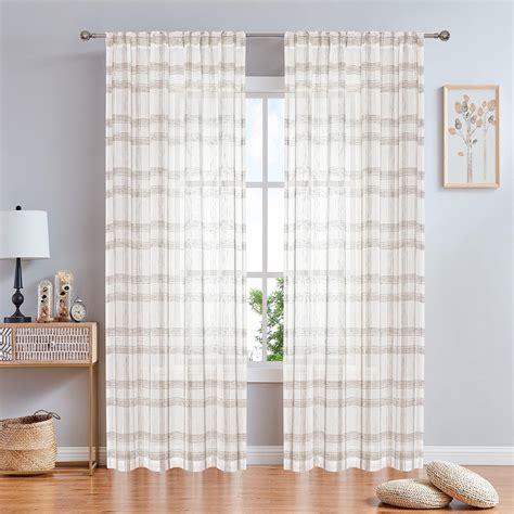 Randall Geometric Check Curtain Panel Pairs 84 Inches Long Linen Blend Semi Sheer Backtab Rod